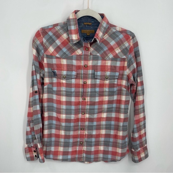 Jachs Girlfriend Plaid Pearl Snap Bea Shirt Sz XS Red gray - Picture 1 of 5